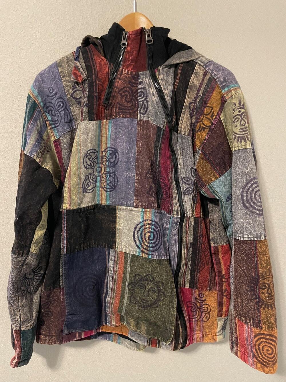 Adult Jacket Medium Multicolor Patchwork Celestial Hippie Nepal Zip Artsy Boho